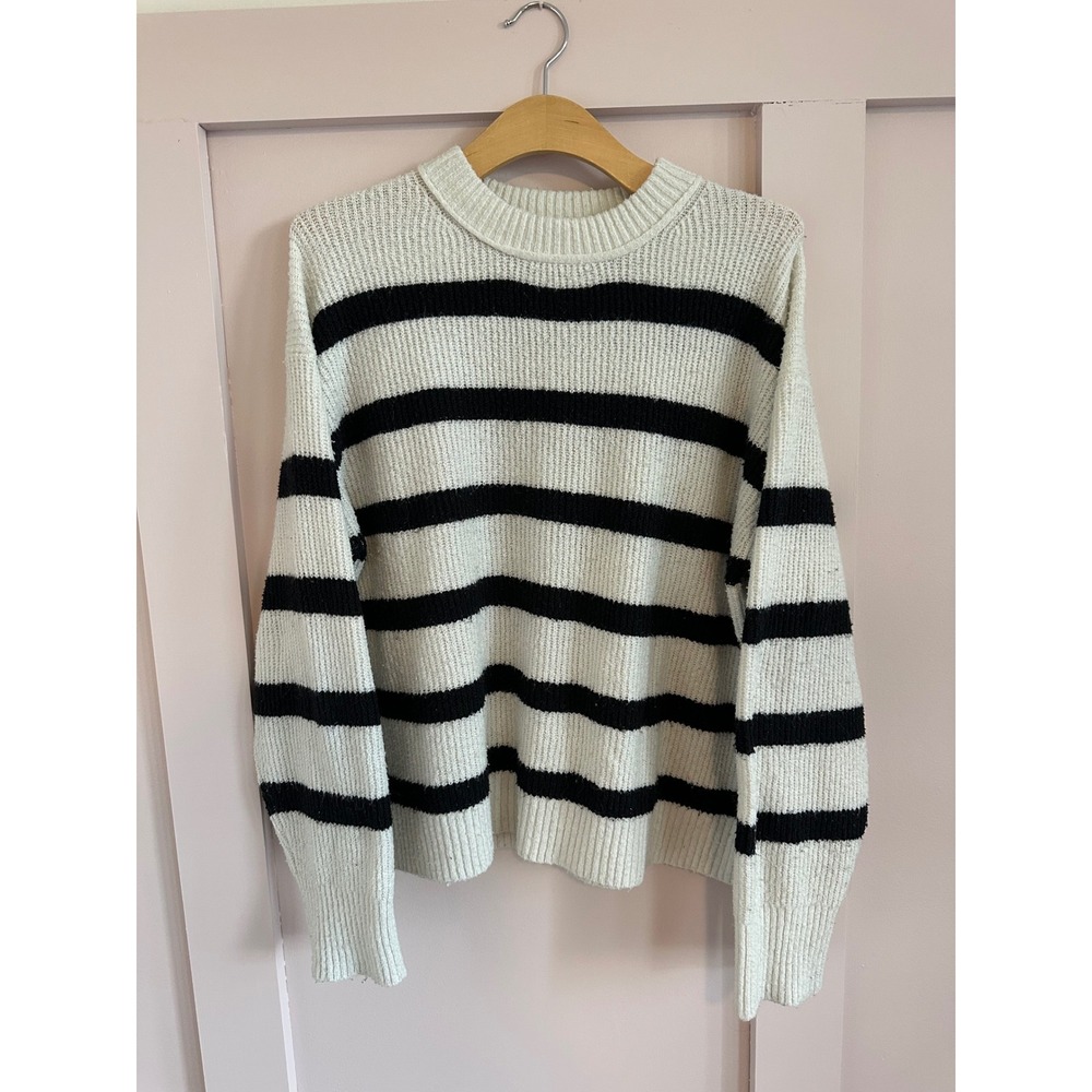American Eagle Striped Crewneck Sweater Cream Black Size Large L Relaxed Fit